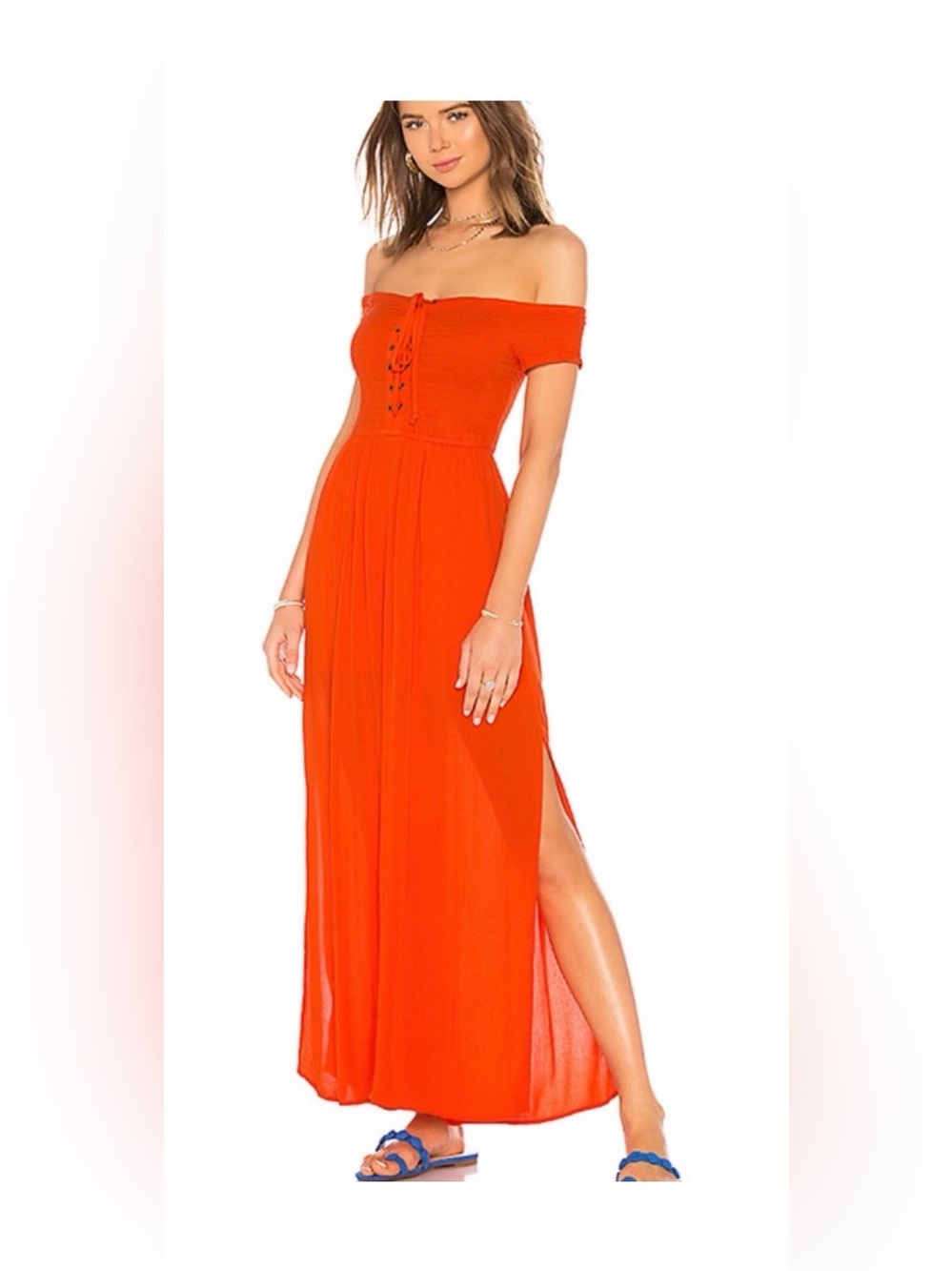 L*Space Orange Red Smocked Lace-Up Off-the-Shoulder Wide Leg Jumpsuit Size S/P